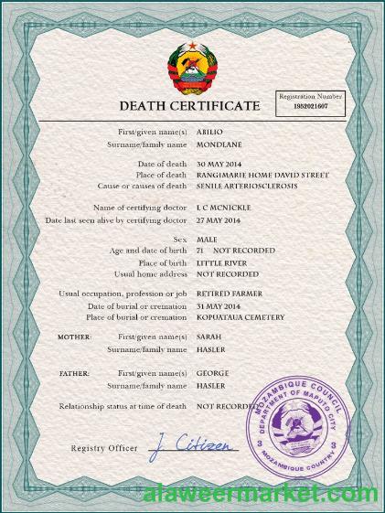 Mozambique vital record death certificate PSD template